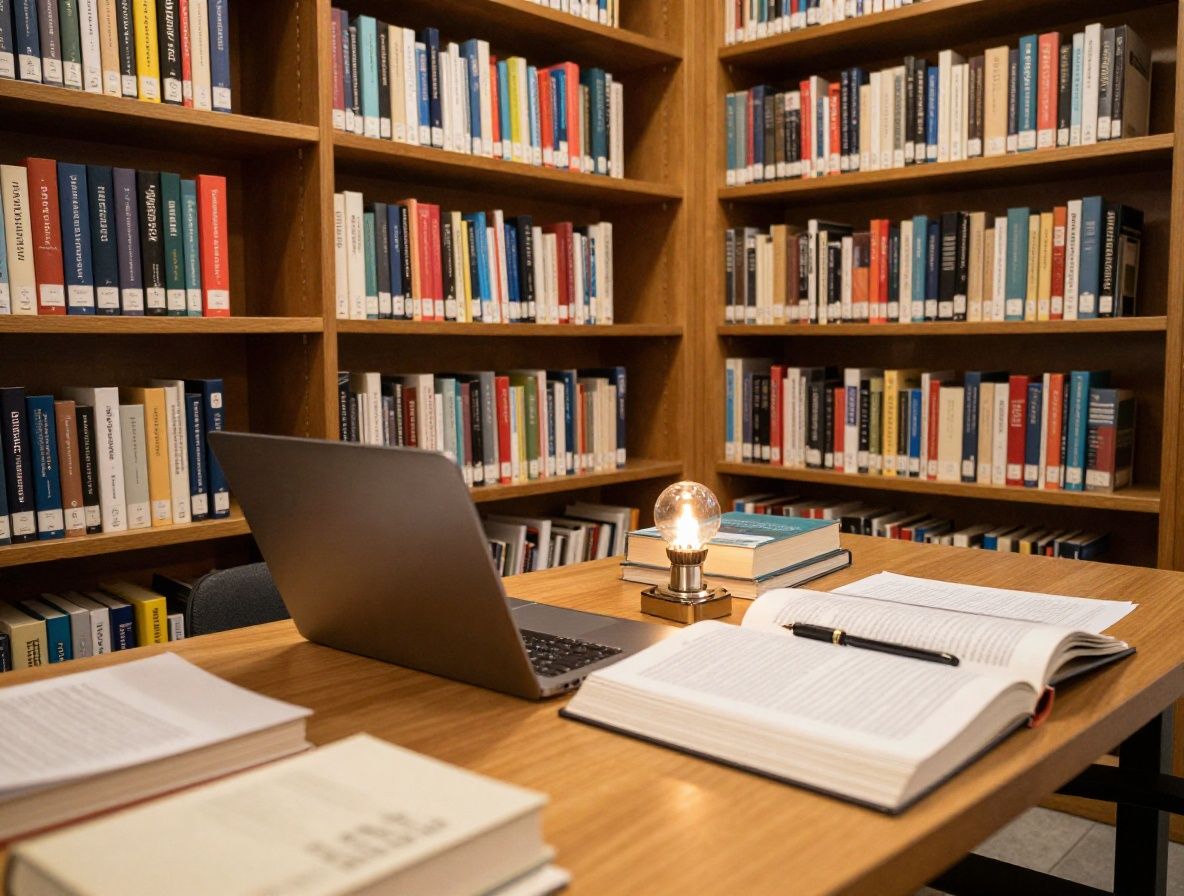 Biblioteca de investigación moderna con estantes llenos de libros académicos de nutrición y bioquímica, mesa de estudio con lupas y documentos científicos, iluminación cálida de lámpara de lectura en ambiente institucional sereno