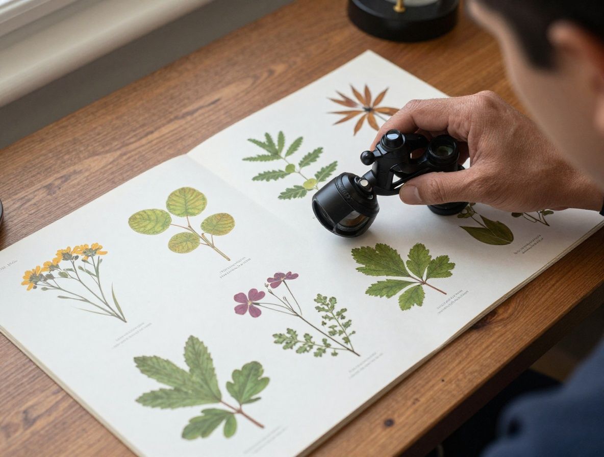 Colección botánica de muestras de plantas medicinales prensadas y etiquetadas en un herbario abierto sobre mesa de madera, con lupas y pinzas de laboratorio, luz natural tenue desde ventana