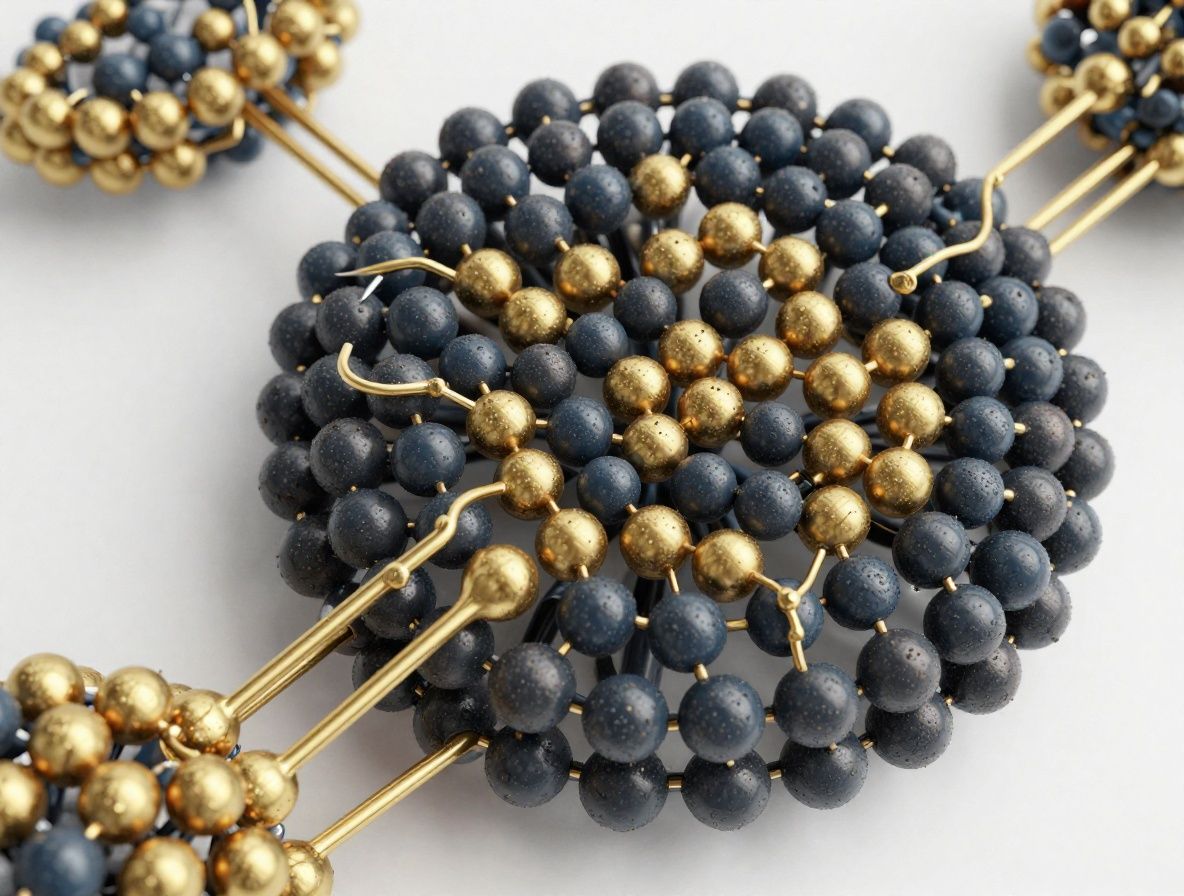 Visualización abstracta de red neuronal o estructura molecular con esferas interconectadas en tonos azul oscuro y dorado sobre fondo negro, representando procesos biológicos a nivel celular