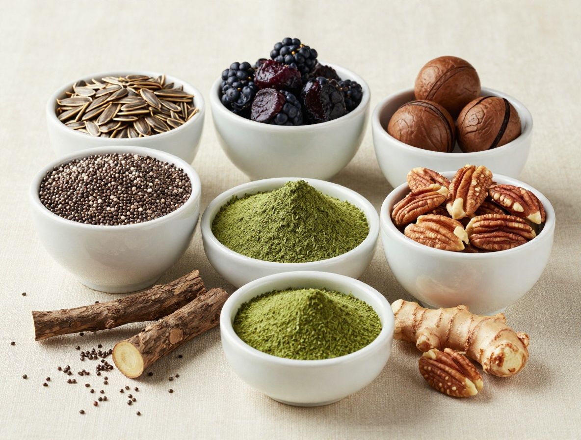 Composición fotográfica cenital de ingredientes naturales variados: semillas de chía, bayas de açaí secas, polvo verde de espirulina, raíz de jengibre y nueces de macadamia dispuestos en cuencos de cerámica blanca sobre lino natural
