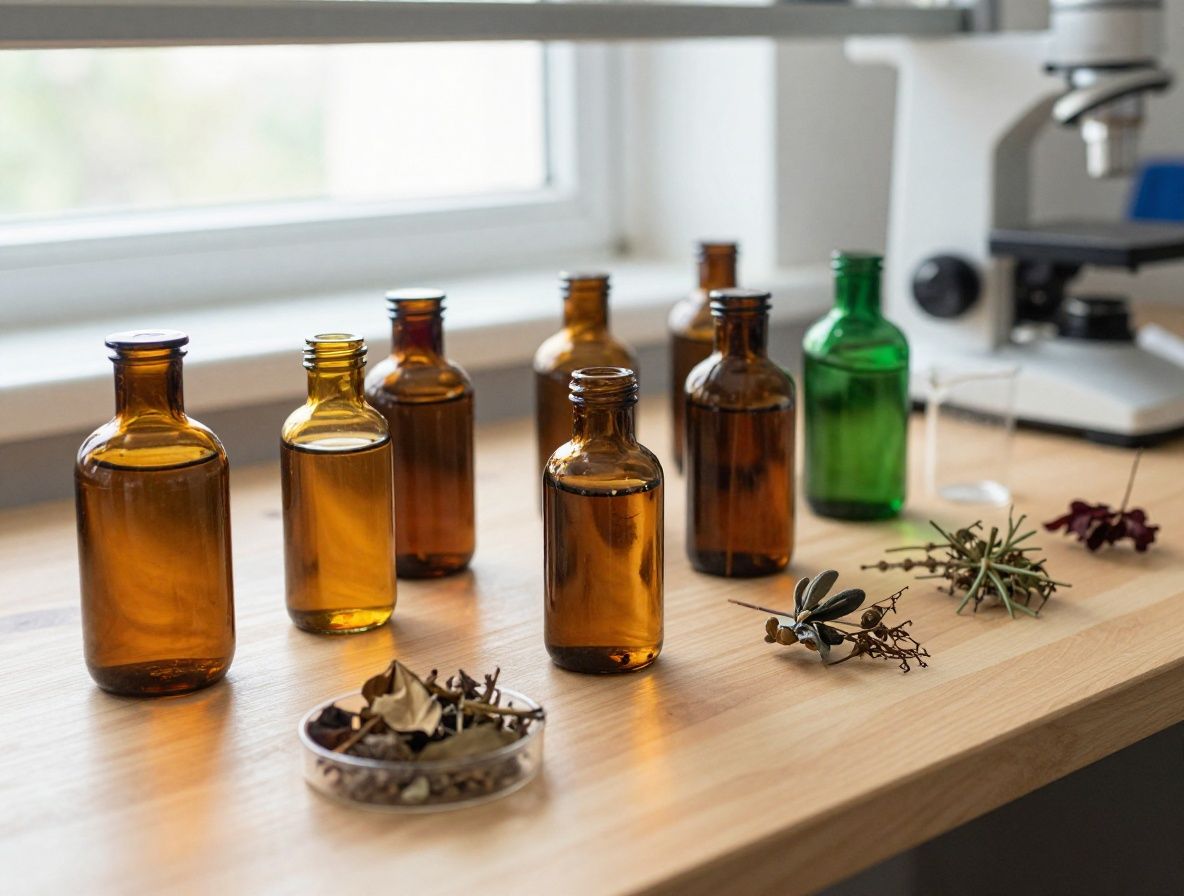 Mesa de laboratorio con frascos de vidrio que contienen extractos botánicos de color ámbar y verde, pipetas, y muestras de plantas secas sobre superficie de madera clara, iluminación natural desde ventana lateral